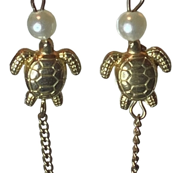 Vintage Brass Turtle, Pearl & Shell Long Dangling Drop Statement Earrings - Picture 2 of 6